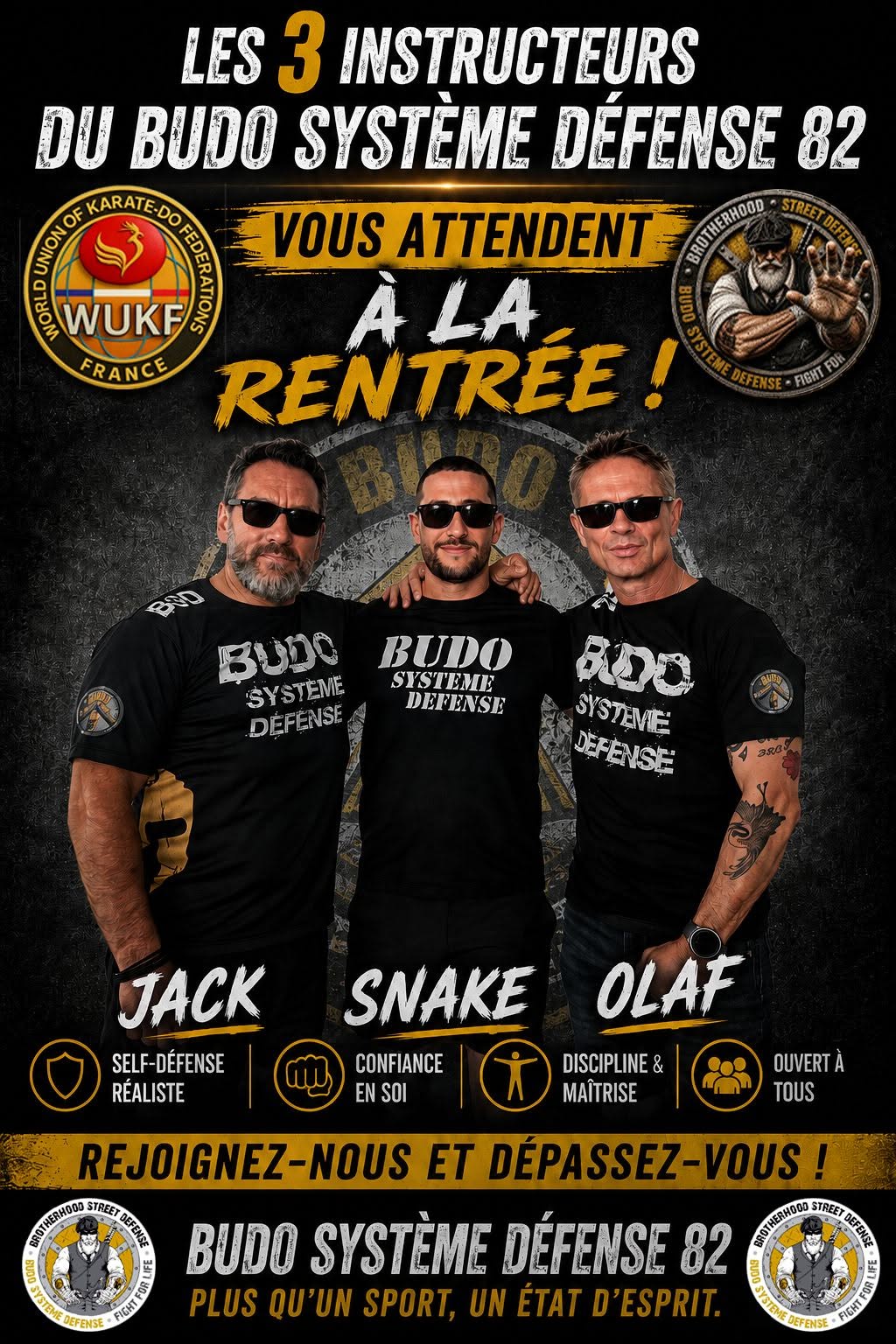 Affiche d’entraînement d’autodéfense avec trois instructeurs Jack, Snake et Olaf en t-shirts noirs, texte « RenTrée » et logos Budo.